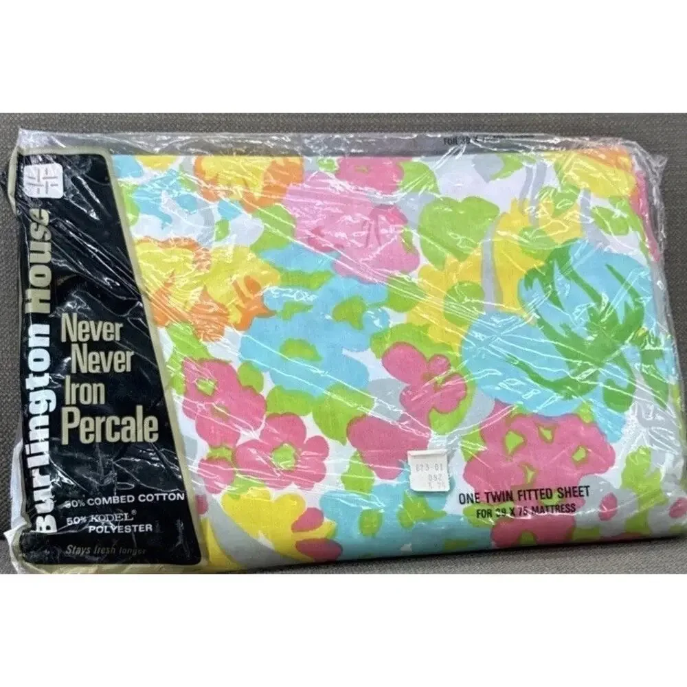 VTG Burlington House Never Iron Twin Fitted Sheet NOS Mod Floral Flowers 1960s